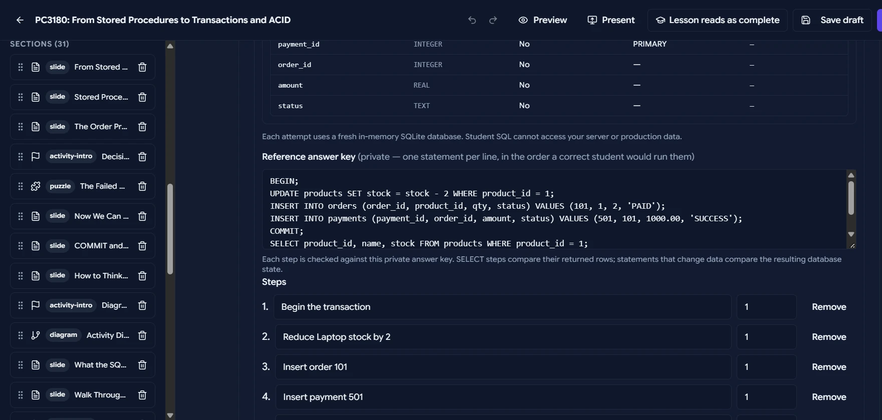 The LessonForge lesson builder with a SQL activity, its answer key, and a list of lesson sections